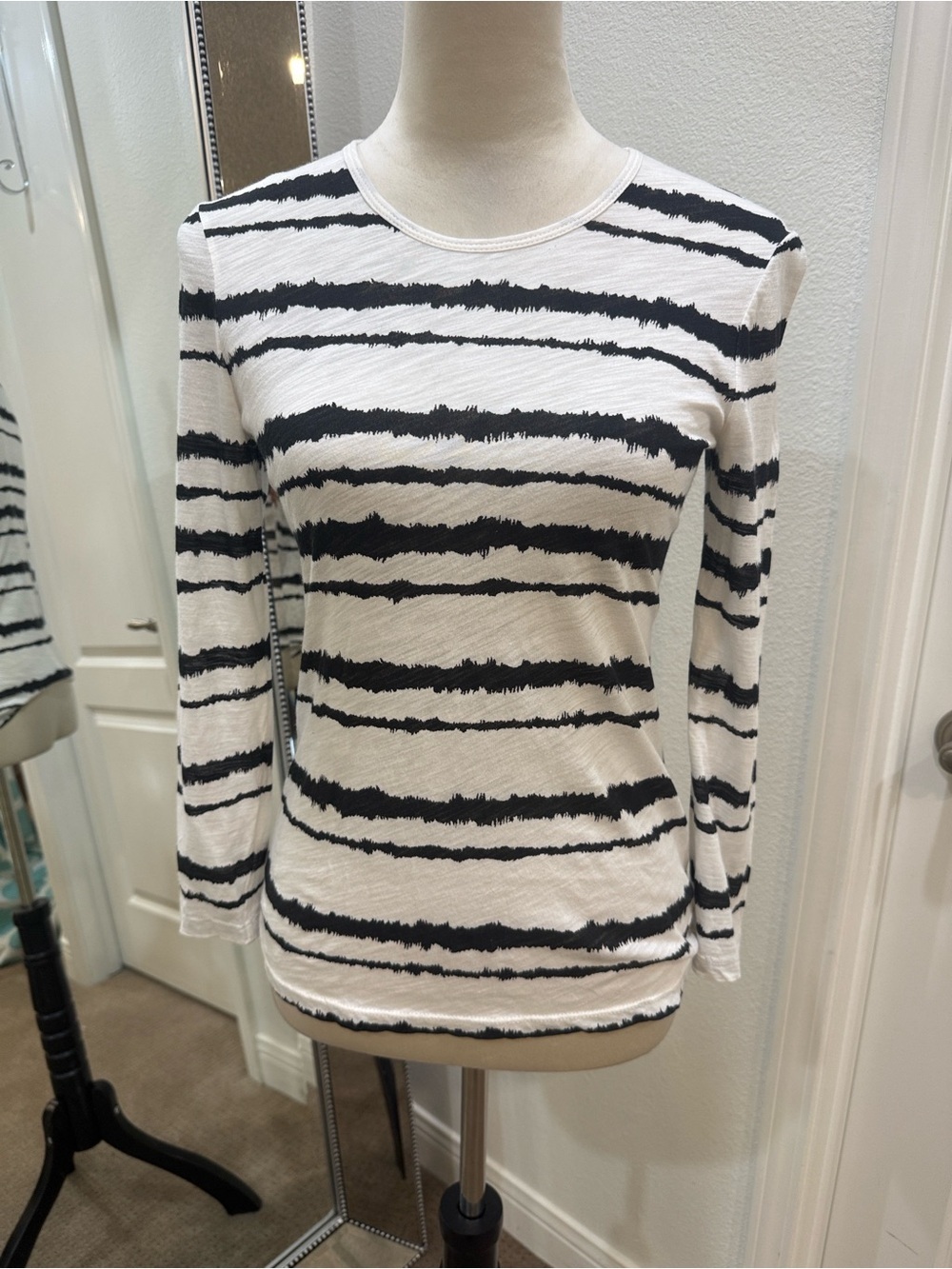 A.L.C. Black & White Striped Long Sleeve Crewneck Top